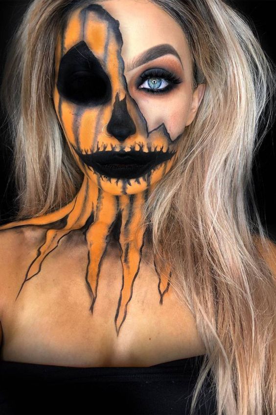 Scary half face šminka za Noć vještica - lubanja bundeva, cool izgled šminke za Halloween