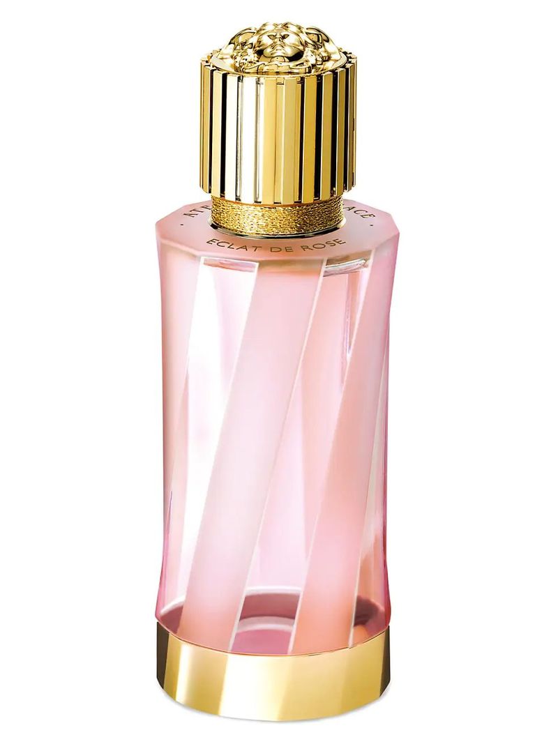 Best Versace Perfumes: Atelier Versace Éclat de Rose Eau de Parfum in pink bottle with gold cap