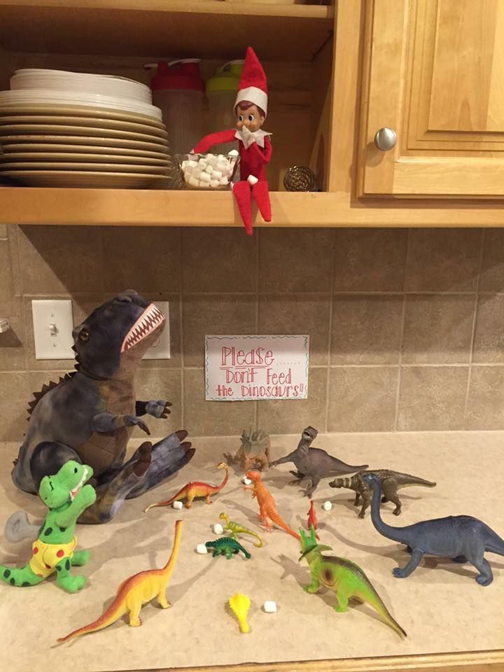 Elf na polici smiješne slike s igračkama dinosaura