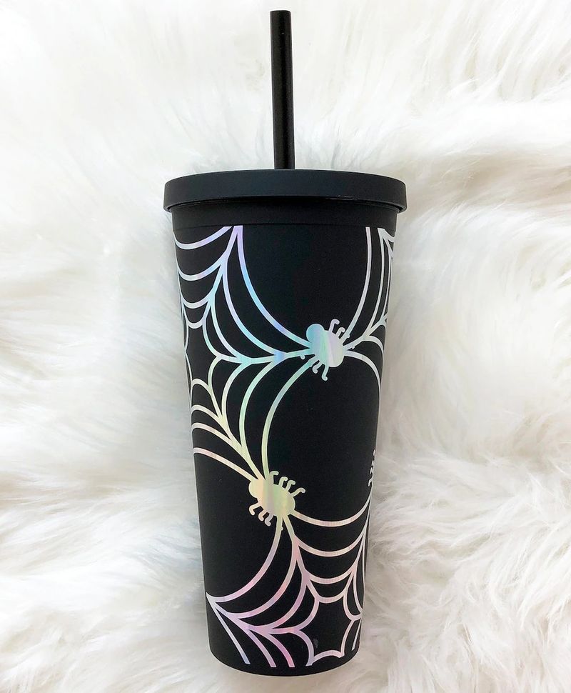 Mat crna šalica i holografska paučina prilagođena Starbucksova šalica za Noć vještica