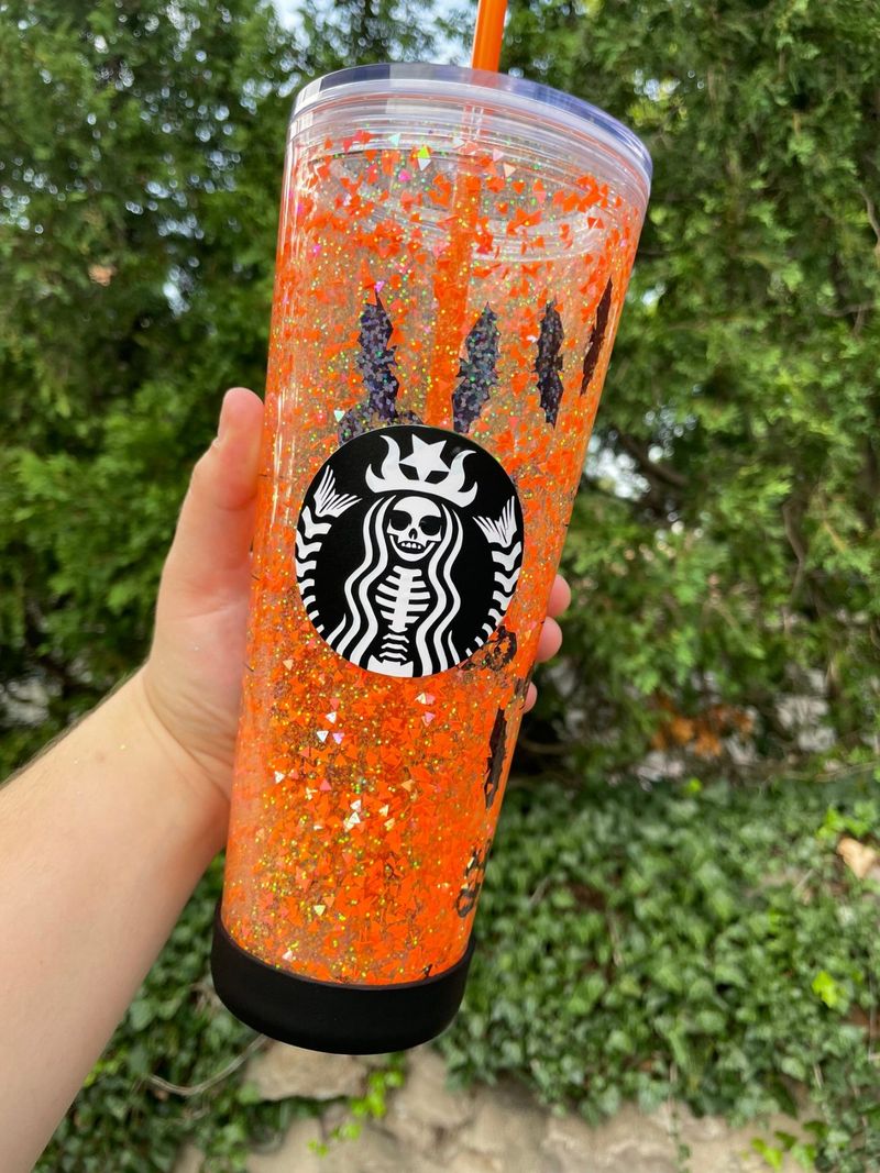 Gobelet Starbucks Halloween pailleté orange personnalisé