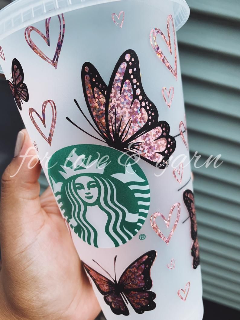 Starbucks šalica sa svjetlucavim leptirima od ružičastog zlata