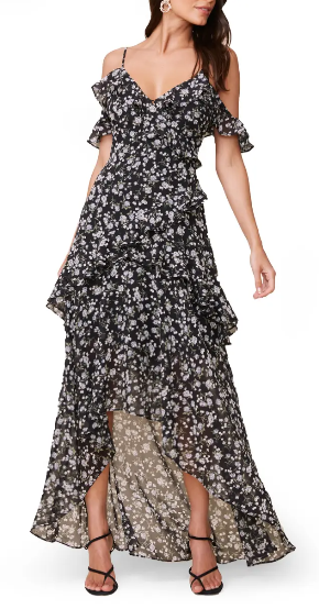 فستان بوهو ماكسي زهور أسود مع كشكش