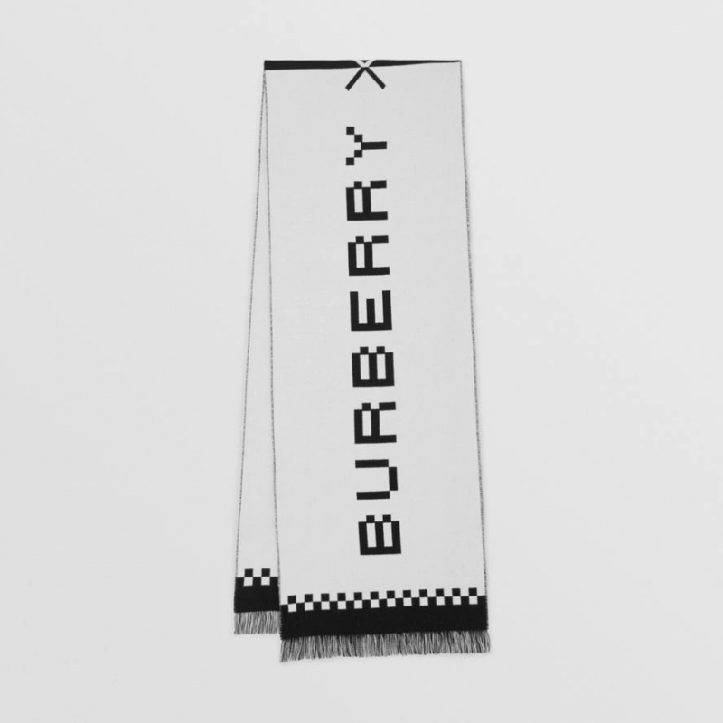   Svart og hvitt Burberry x Minecraft Logo Jacquard ullskjerf