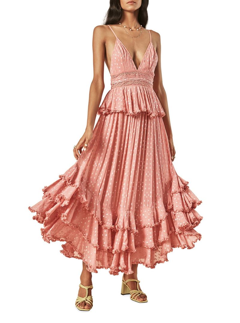 Duga ružičasta haljina s volanima