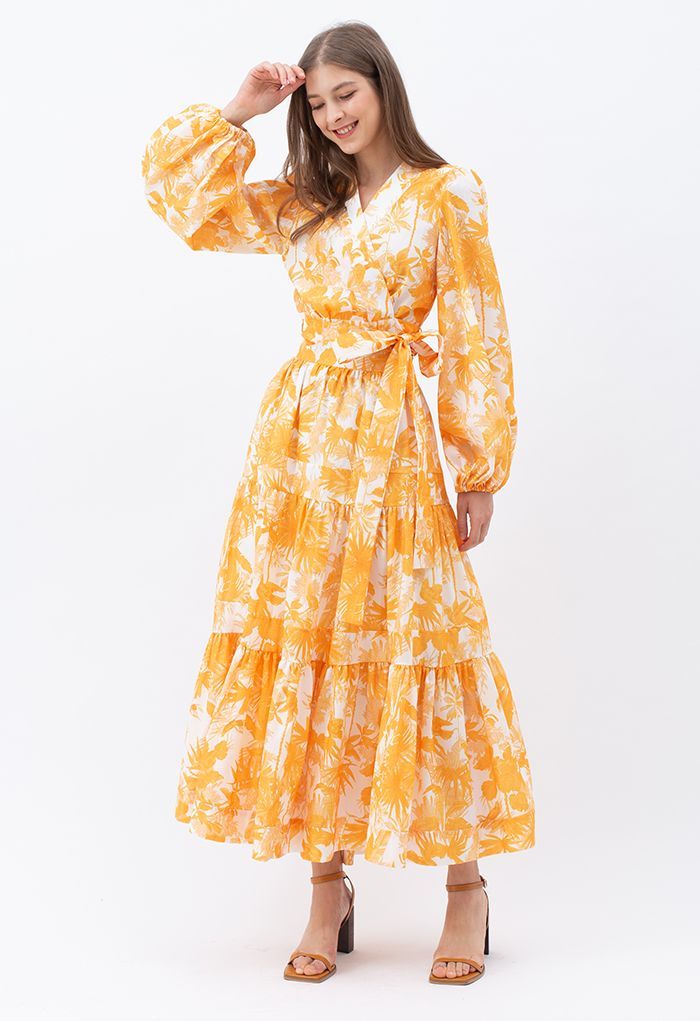 Sarı çiçekli uzun kollu katlı maxi elbise