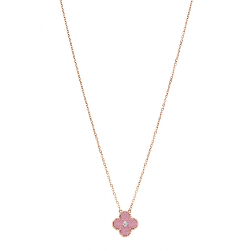   Rose guld og pink Van Cleef 18K rosa guld diamant Rhodonite Vintage Alhambra vedhæng halskæde