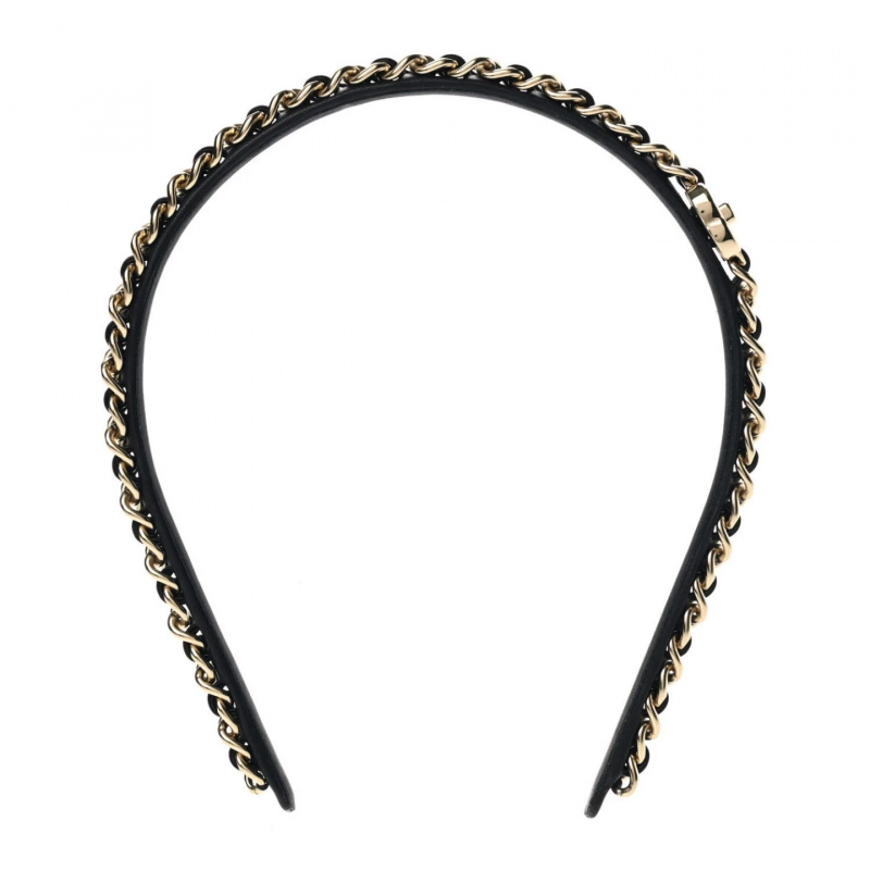   Crno-zlatna traka za glavu Chanel Metal Lambskin CC Turnlock Chain