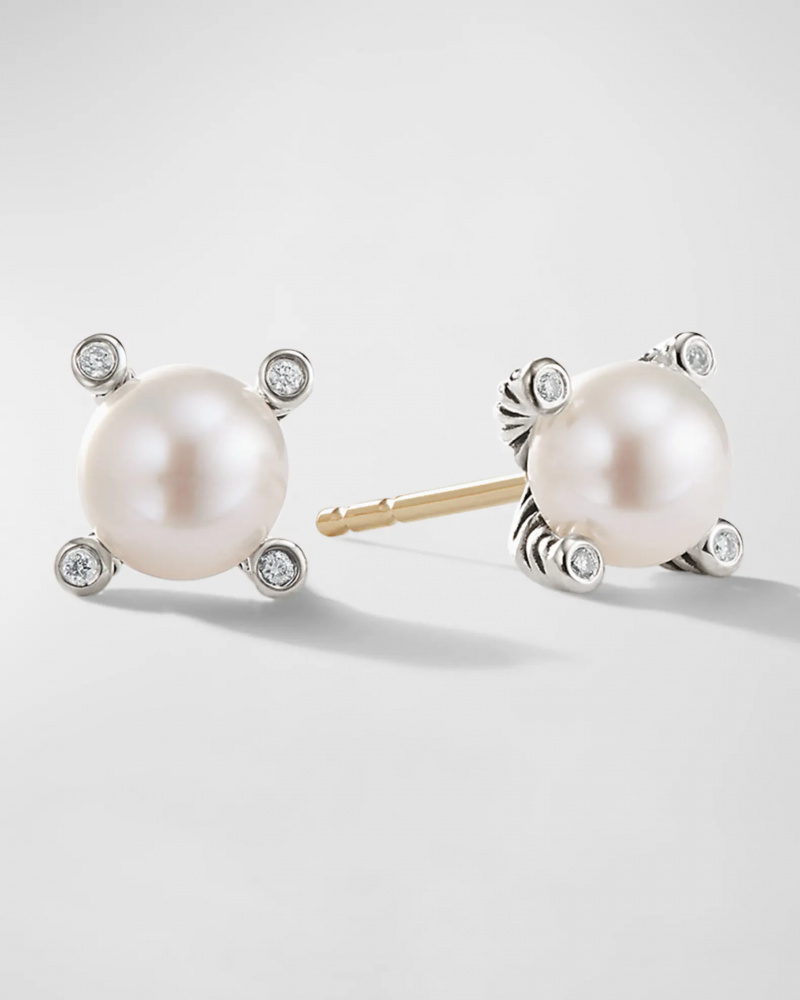   David Yurman Cable Collectibles Perleøredobber med diamanter og sølv, 7 mm