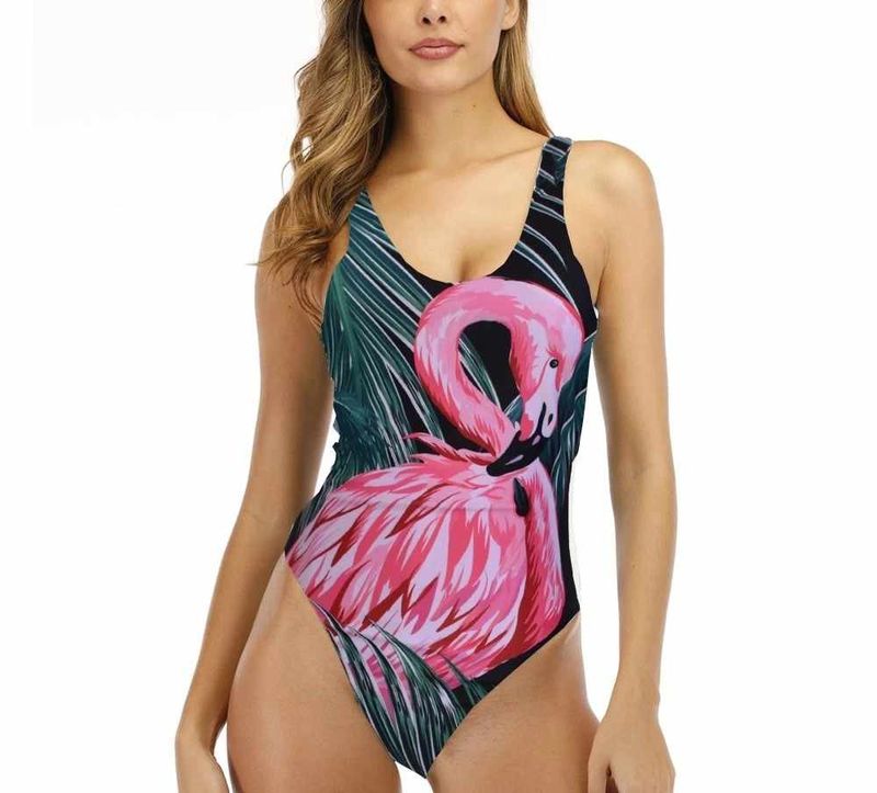 Atletski jednodijelni kupaći kostim za obješene grudi s flamingo printom