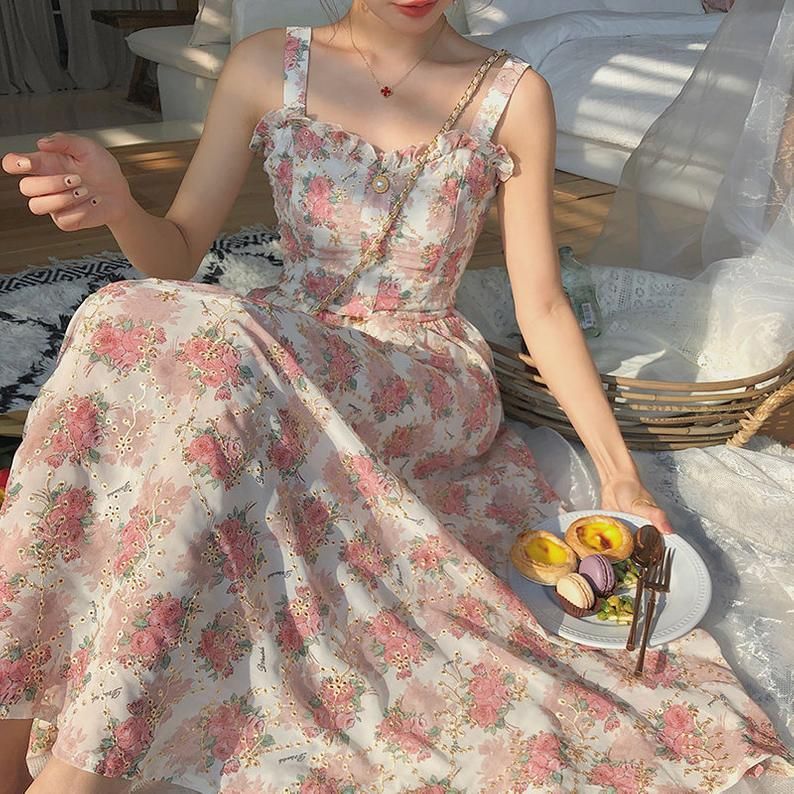 Vintage ružičasta cvjetna maxi haljina za cottagecore odjeću