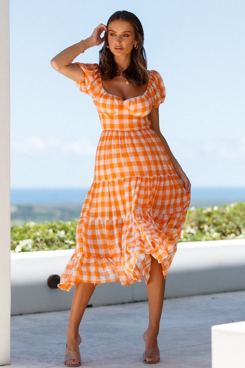 Narančasta maxi haljina u gingham milkmaid
