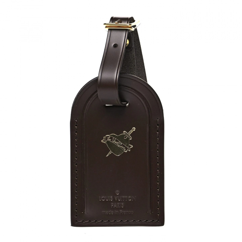   Étiquette de bagage Louis Vuitton en cuir de veau marron foncé Heart and Dagger