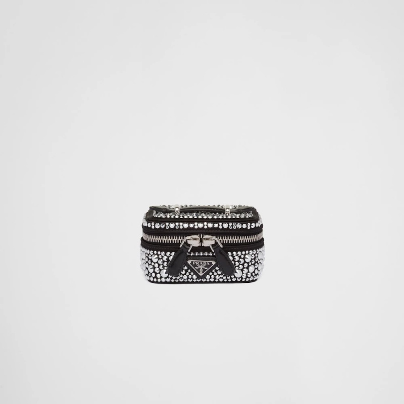   Trousse de beauté à bijoux en satin noir Prada avec cristaux