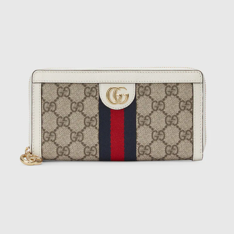   Beige ja valkoinen Gucci Ophidia vetoketjullinen lompakko, jossa verkko