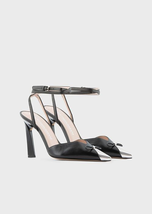   Uygun fiyatlı lüks siyah ve gümüş Emporio Armani Nappa deri askılı, metal burunlu mahkeme ayakkabıları