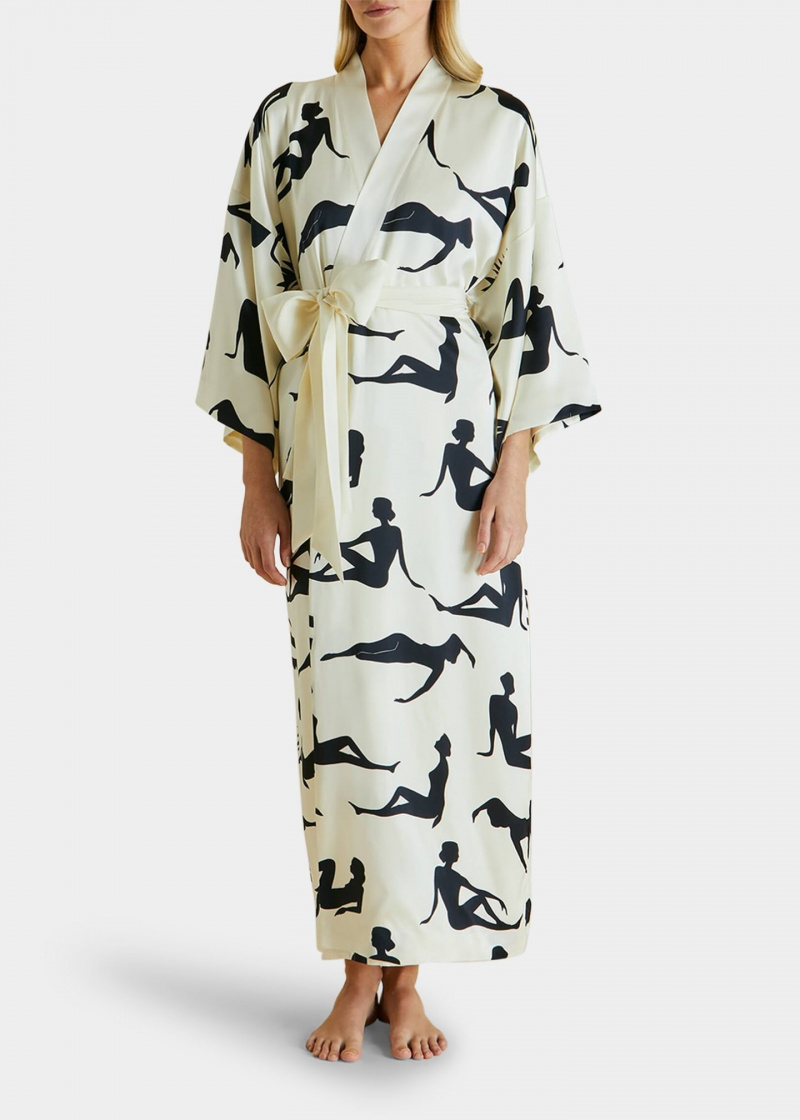   Crno-bijeli Olivia Von Halle Queenie dugi svileni ogrtač s printom