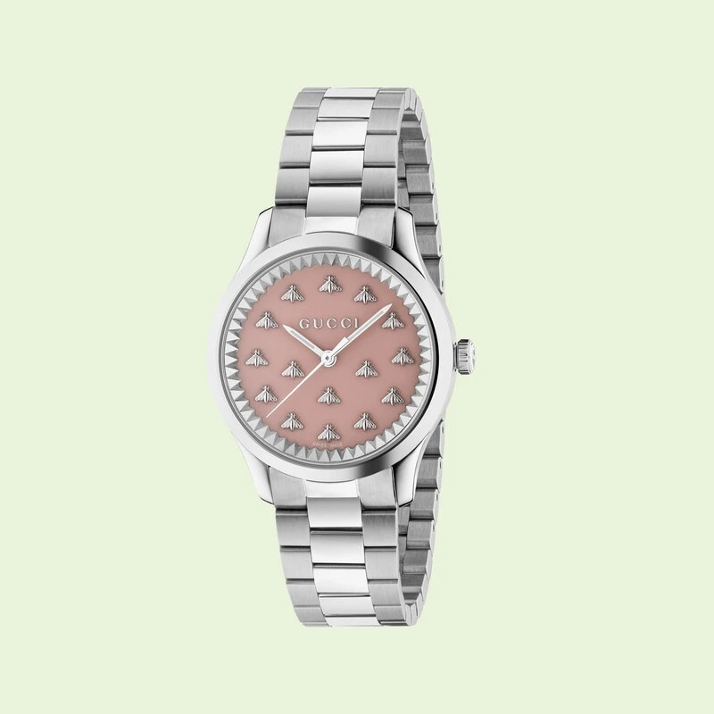   Срібно-рожевий годинник Gucci G-Timeless з бджолами 32 мм