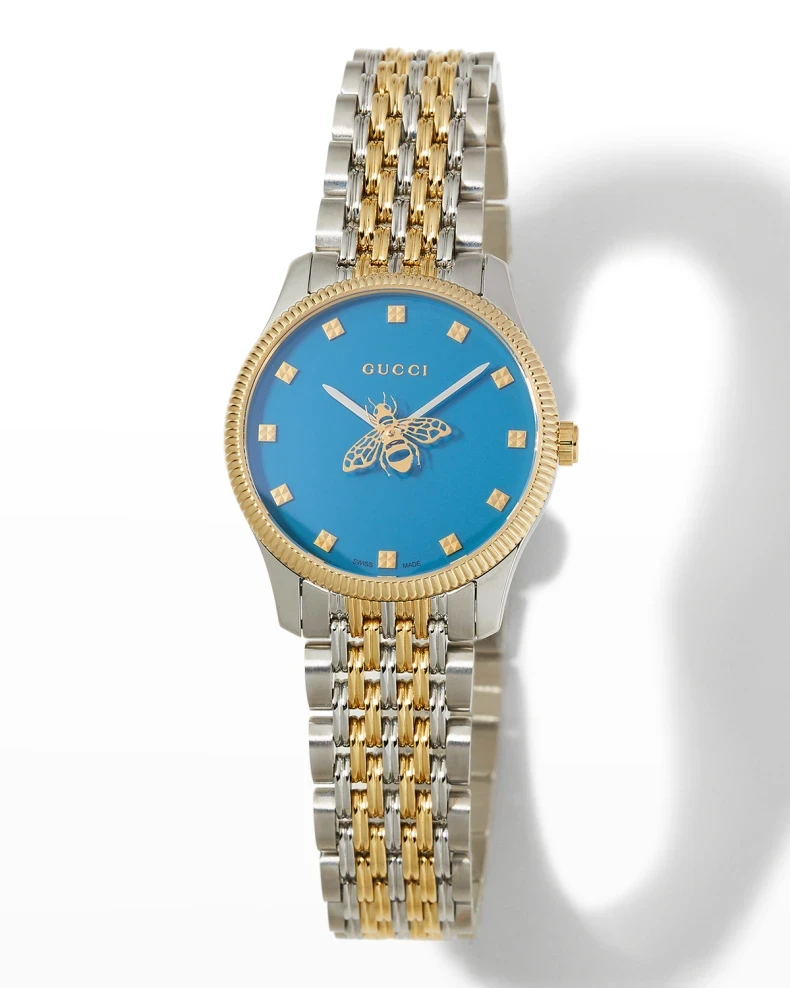   Срібний, золотий і синій двокольоровий браслетний годинник Gucci із синім циферблатом 29 мм