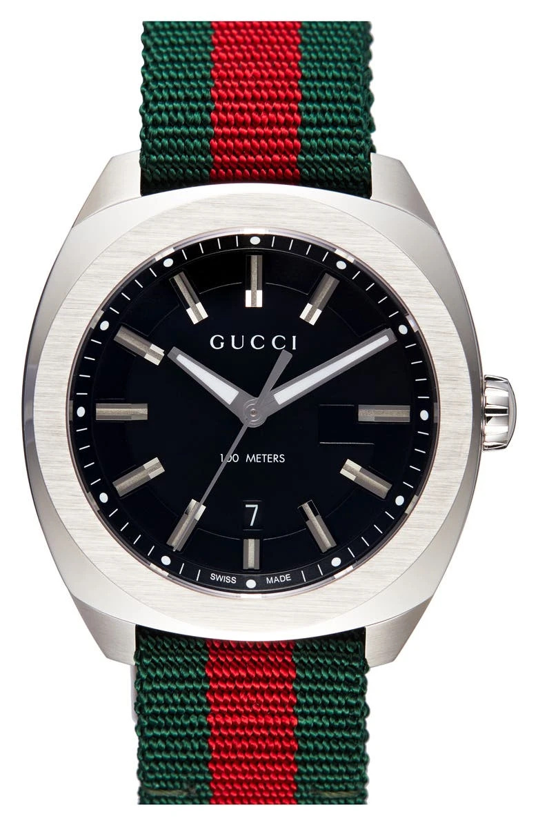   Годинник із сріблястим, чорним, червоним і зеленим тканинним ремінцем Gucci Stripe, 40 мм