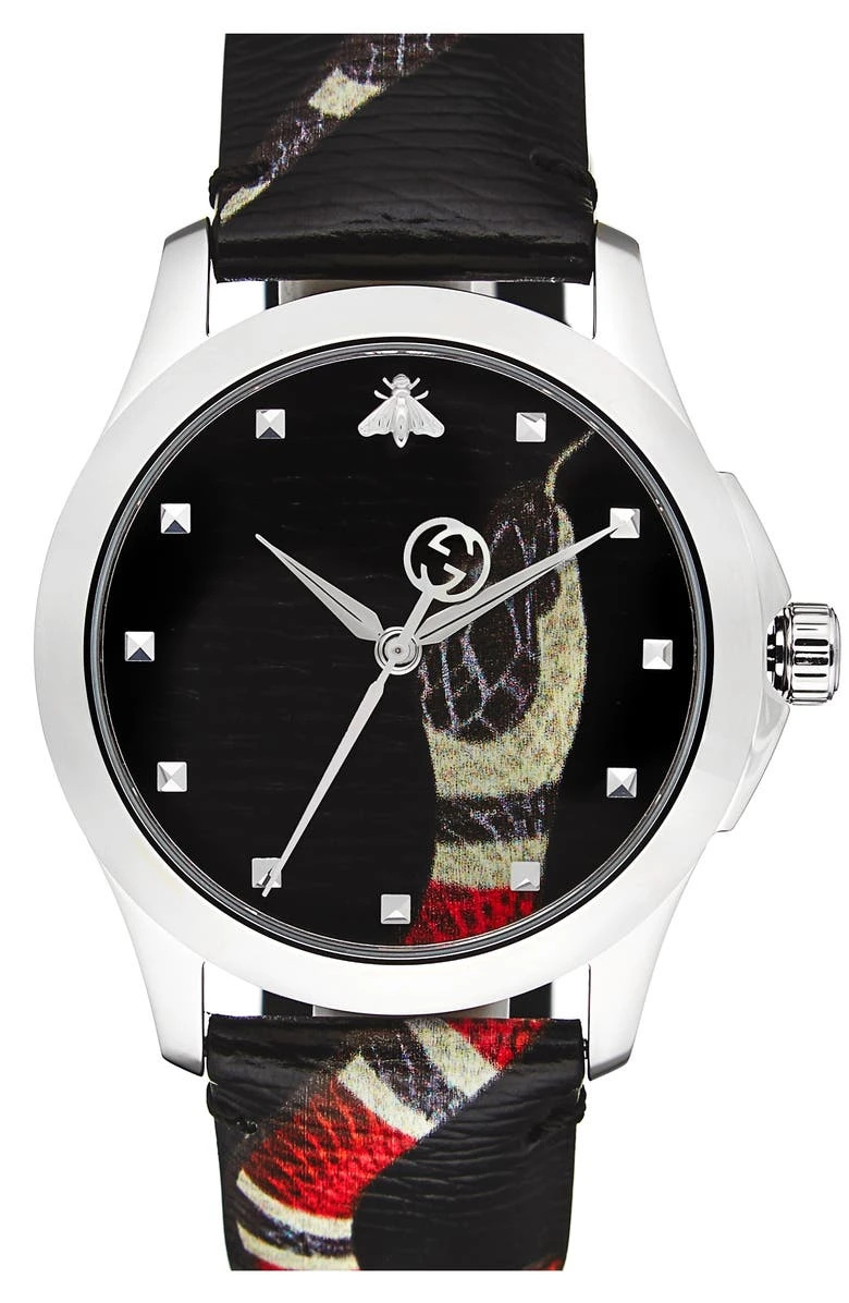   Чорний, червоний, білий і сріблястий годинник зі шкіряним ремінцем Gucci Snake Insignia, 40 мм