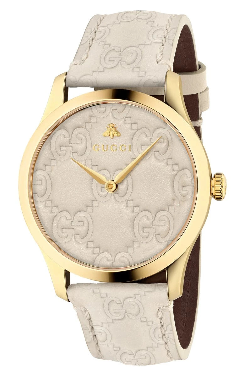   Бежево-золотий годинник зі шкіряним ремінцем Gucci G-Timeless Logo