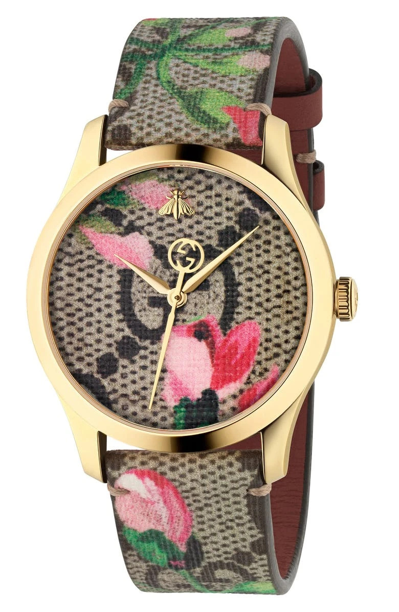  Коричневий, рожевий і зелений годинник Gucci G-Timeless Floral Print GG Canvas Strap, 38 мм