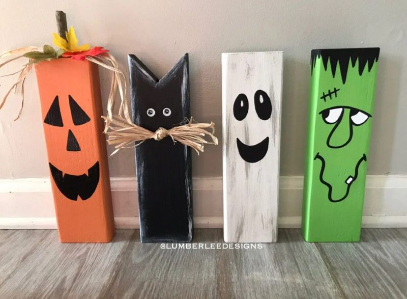 Halloweenowe drewniane klocki z Frankensteinem, dynią, duchem i czarnym kotem