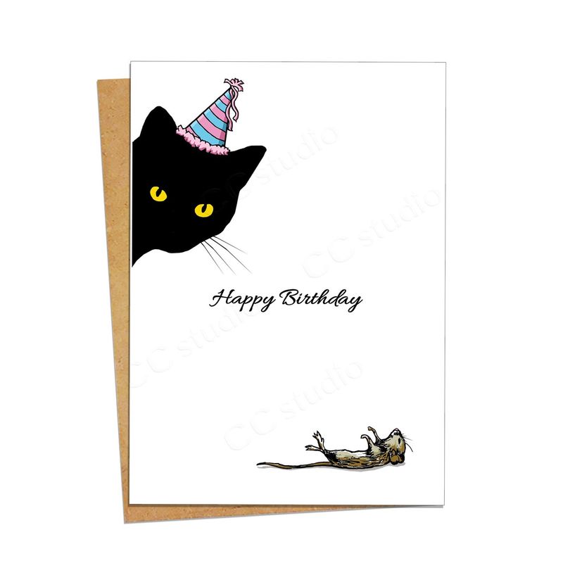 შავი კატა და ვირთხა უნიკალური და მხიარული დაბადების დღის ბარათისთვის
