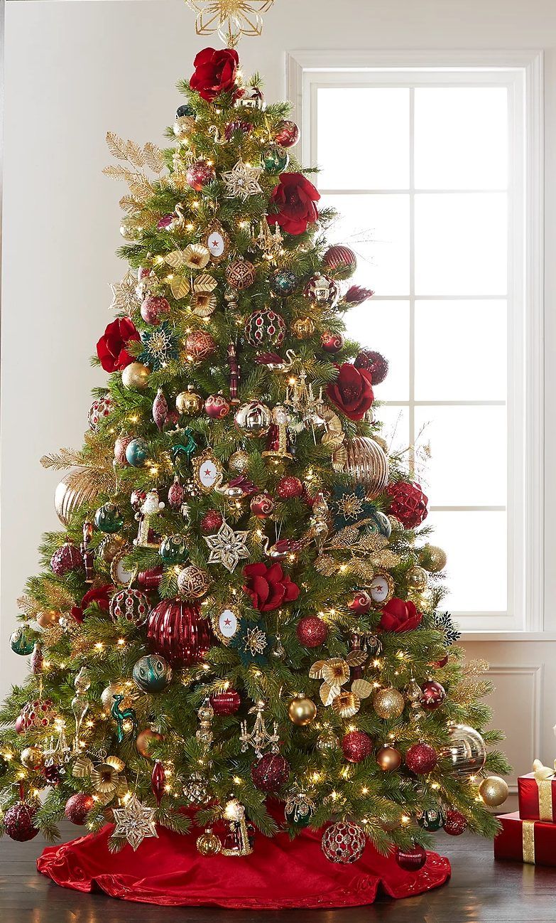 Belle idée de décoration de sapin de Noël or et rouge