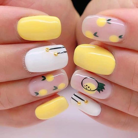 Mekani žuti nokti s dizajnom rajne i limuna