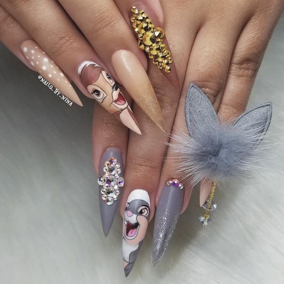 Ongles stiletto en acrylique Disney - Bambi nails