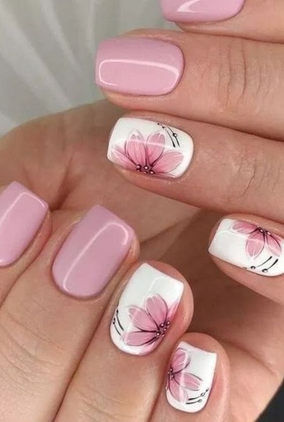 საყვარელი ყვავილების ფრჩხილების დიზაინი ვარდისფერი და თეთრი