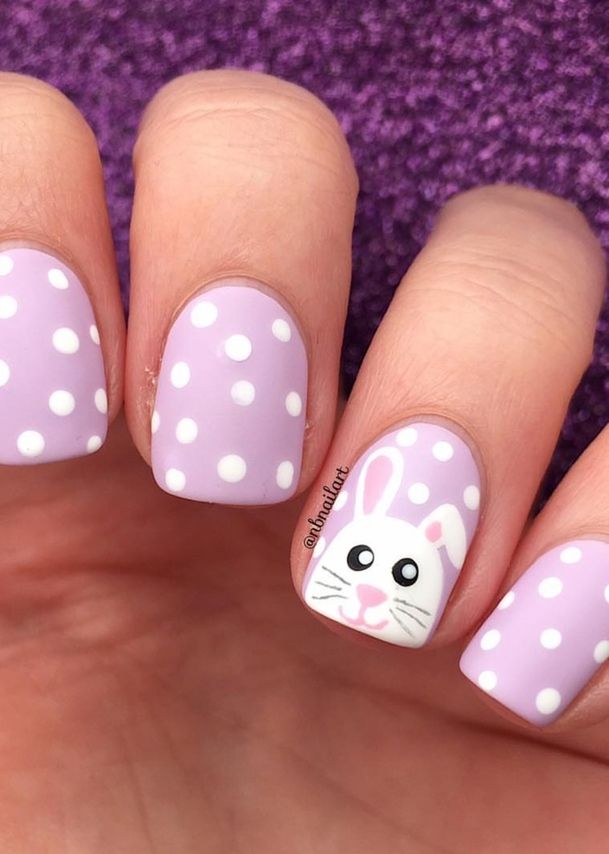 Pastelno ljubičasti zečići nokti s točkicama - slatki uskrsni nokti