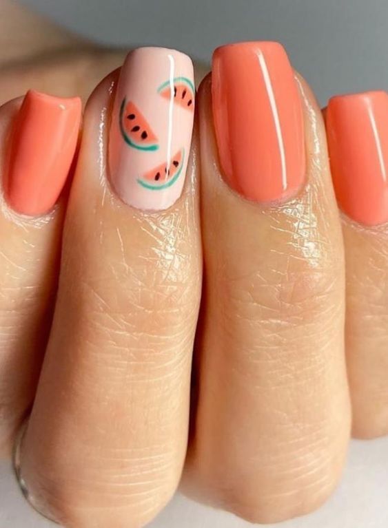 Svijetli i slatki ljetni nokti - nokti narančaste lubenice
