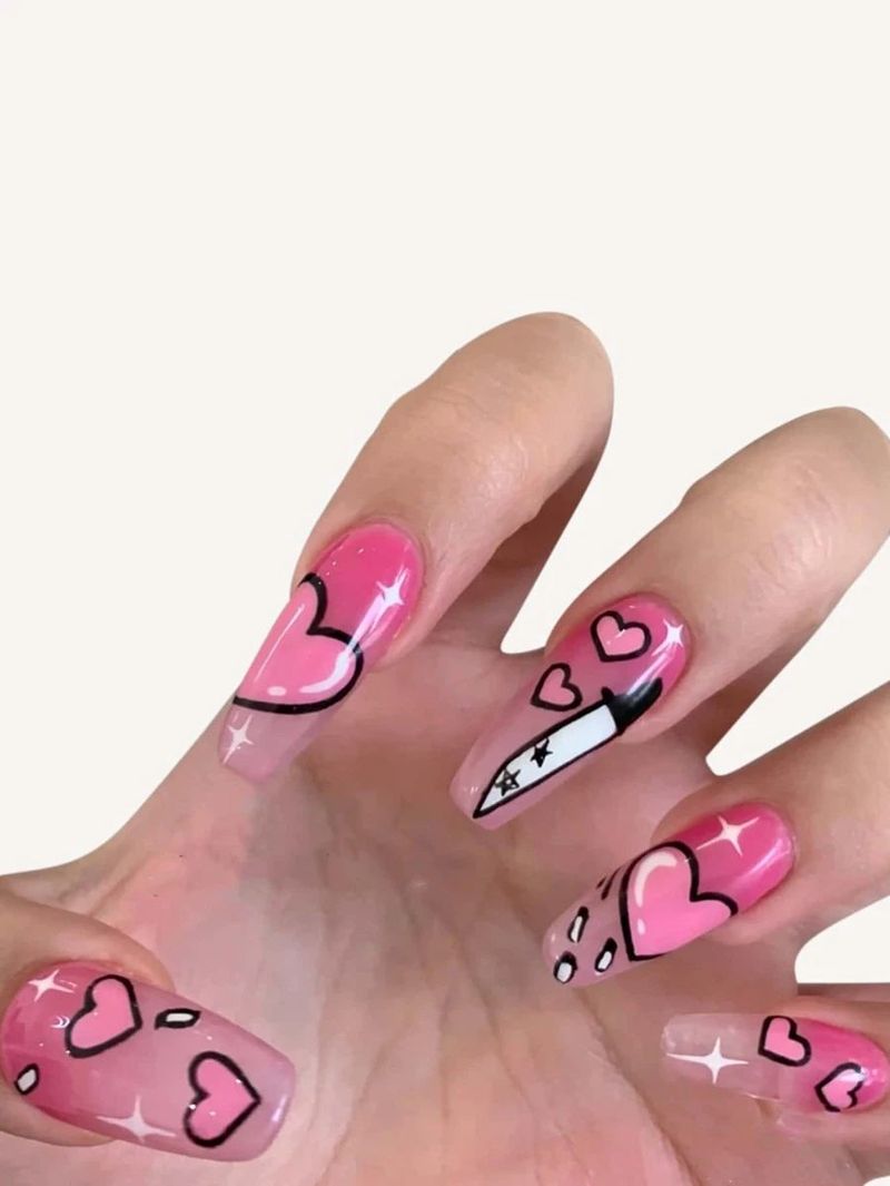 Ongles en gelée rose chaud avec nail art coeur