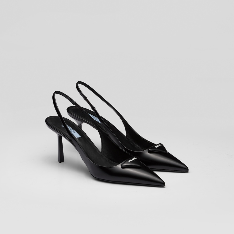   Siyah Prada Brushed deri arkası açık topuklu ayakkabı