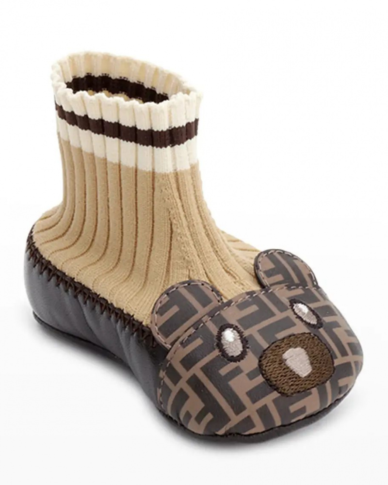   Bej, beyaz ve kahverengi Fendi Kid's Monogram Bear Sock Shoes