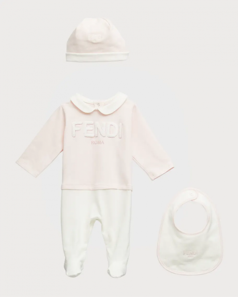   Fendi Girl rose pâle et blanc's Fuzzy Logo-Print Footie With Hat & Bib