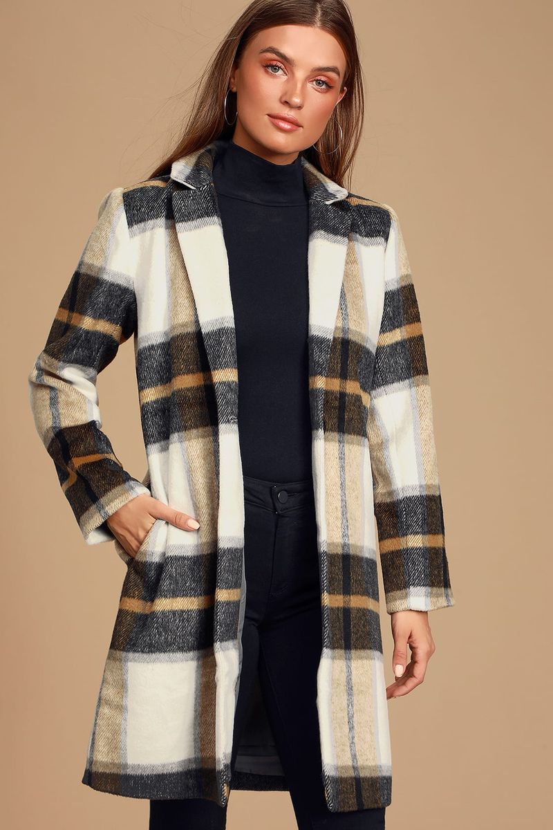 Joli manteau en laine à carreaux pour femme