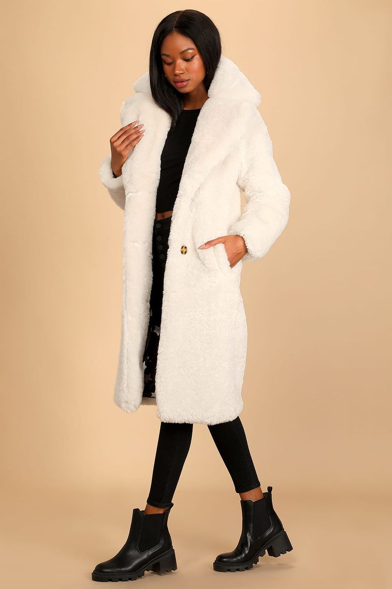 Manteau long teddy blanc pour femme