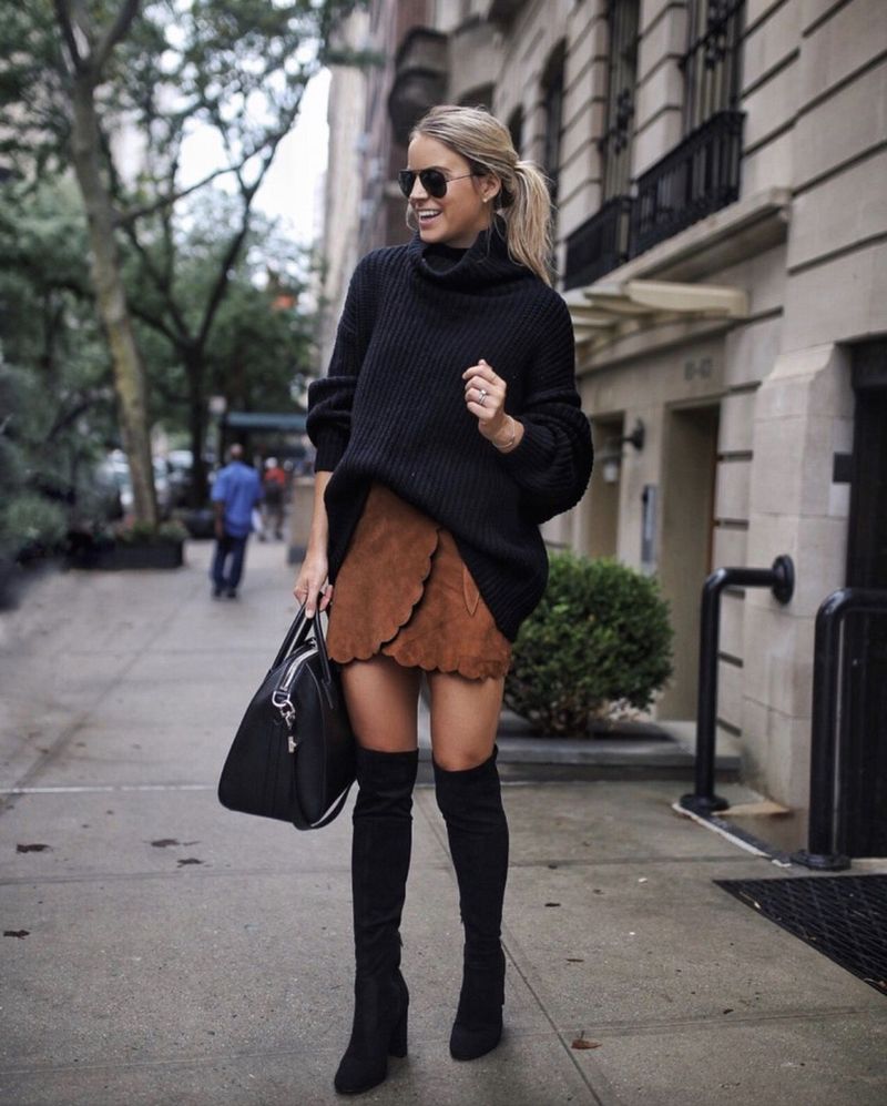 Crne čizme preko koljena odjevne kombinacije sa suknjama - najbolja jesenska odjevna kombinacija s džemperima